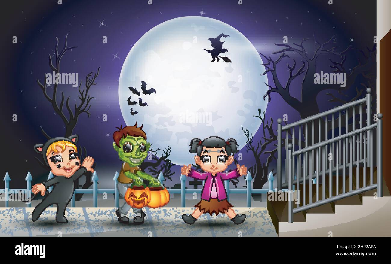 Happy kids halloween in the full moon background Stock Vector Image ...