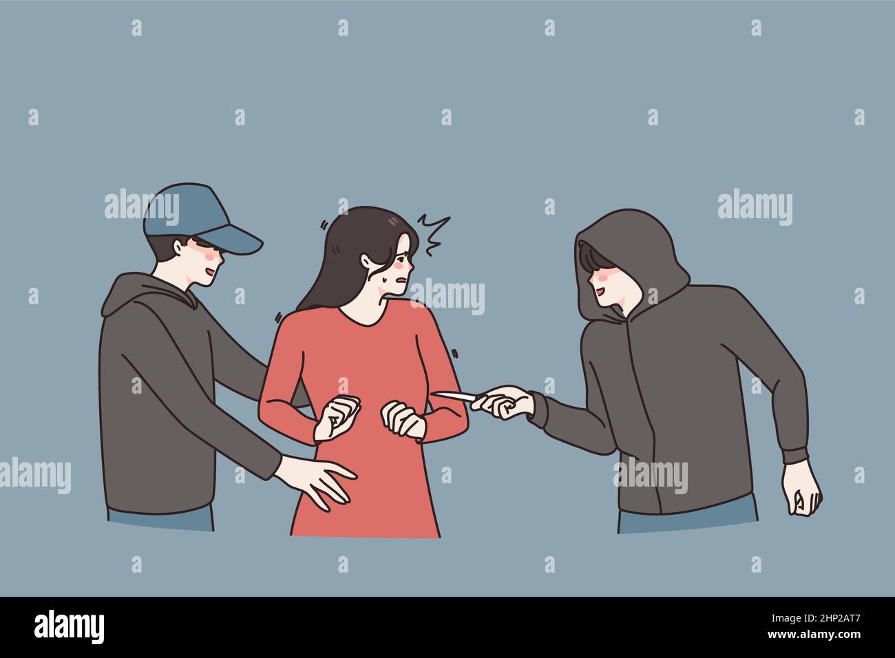 Couple male criminals attack threaten scared young woman in street. Men bandits or robbers pose threat on female encounter with knife. Harassment and Stock Photo