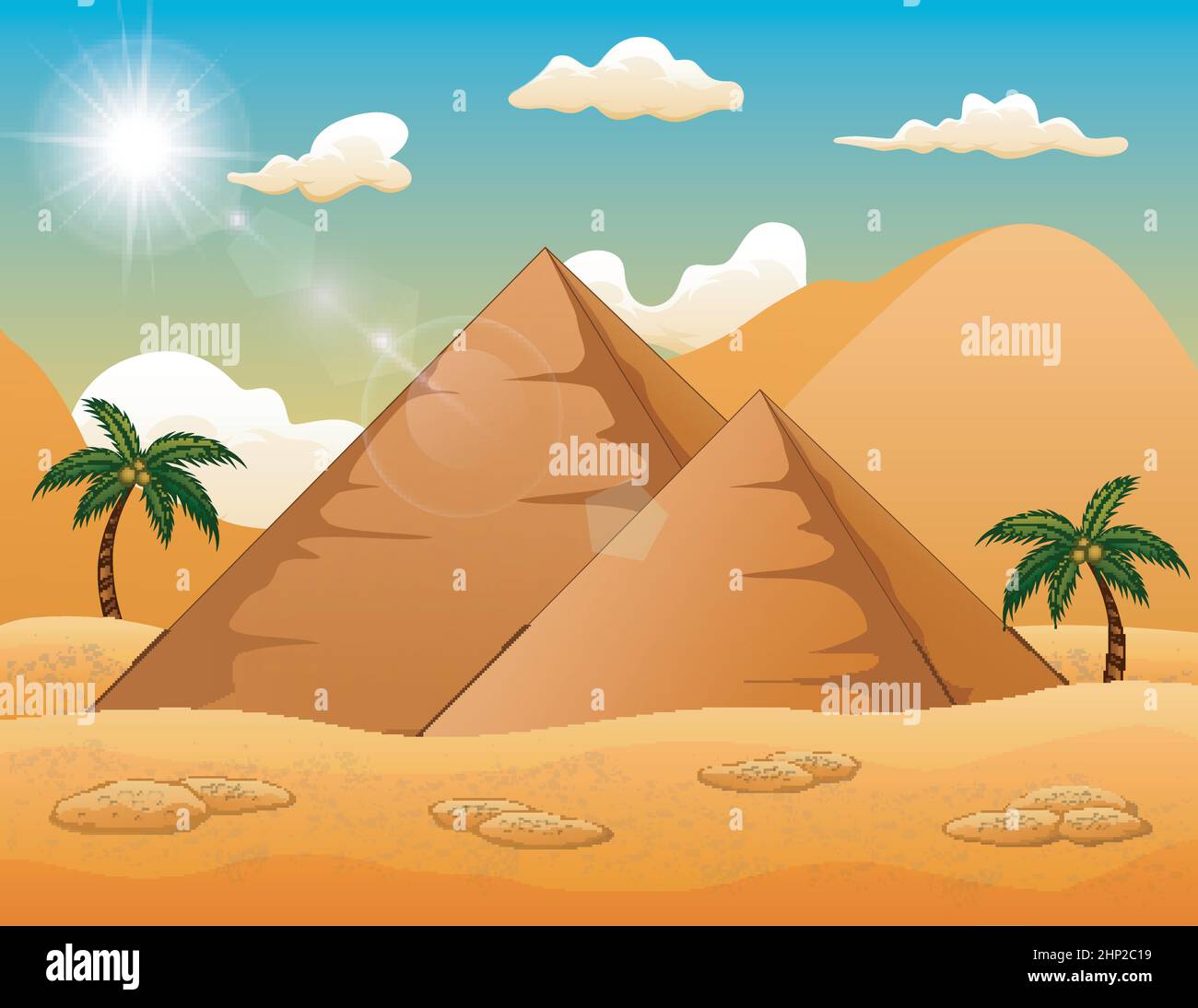Desert background with pyramid and palm trees Stock Vector