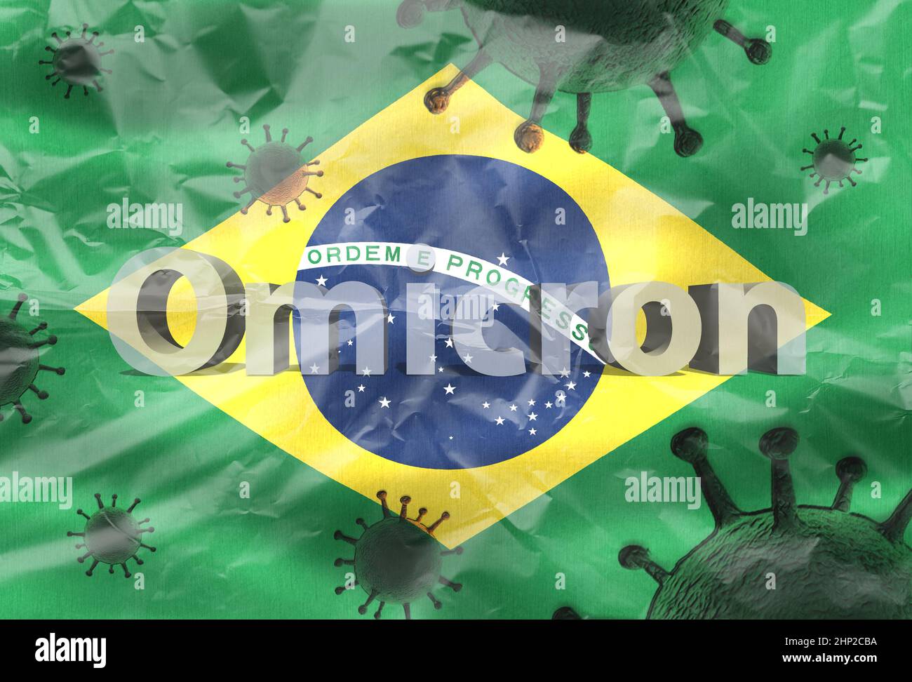 3D-Illustration of the corona variant Omicron on a Brazil flag Stock Photo