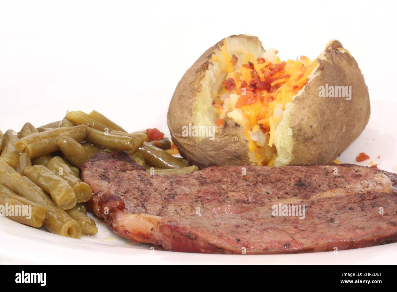 Steak and Mushrooms With Green Beans and Baked Potato Stock Photo Alamy