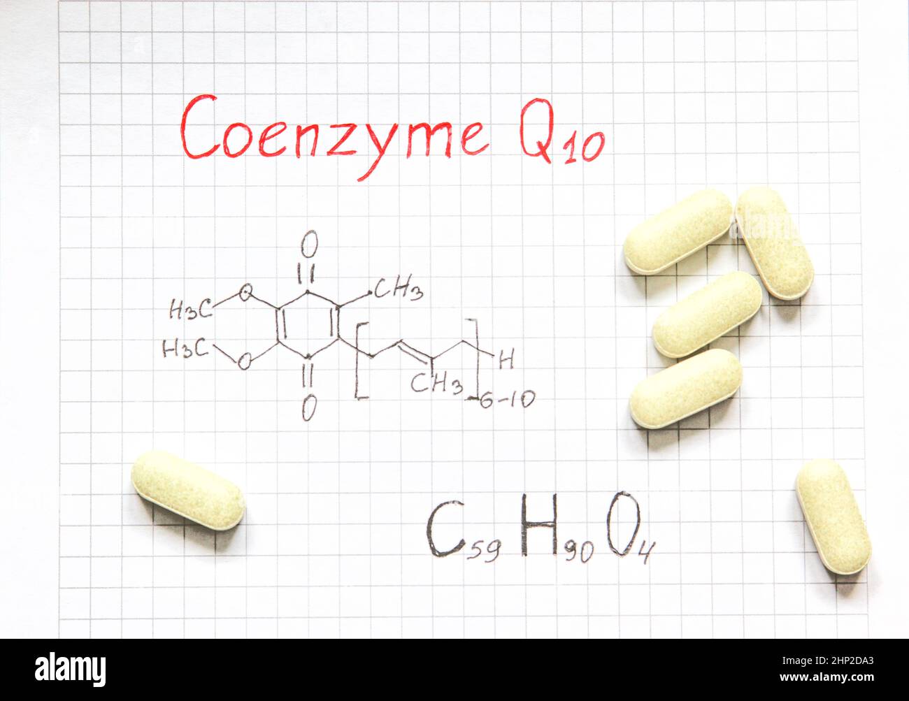Chemical formula of Coenzyme Q10 and some pills on the paper background. Useful vitamin quinone