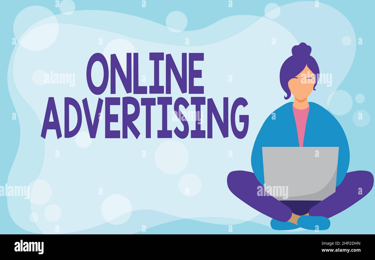 Text sign showing Online Advertising, Word Written on Internet Web Marketing to Promote Products and Services Young Lady Sitting With Crossed Legs Whi Stock Photo