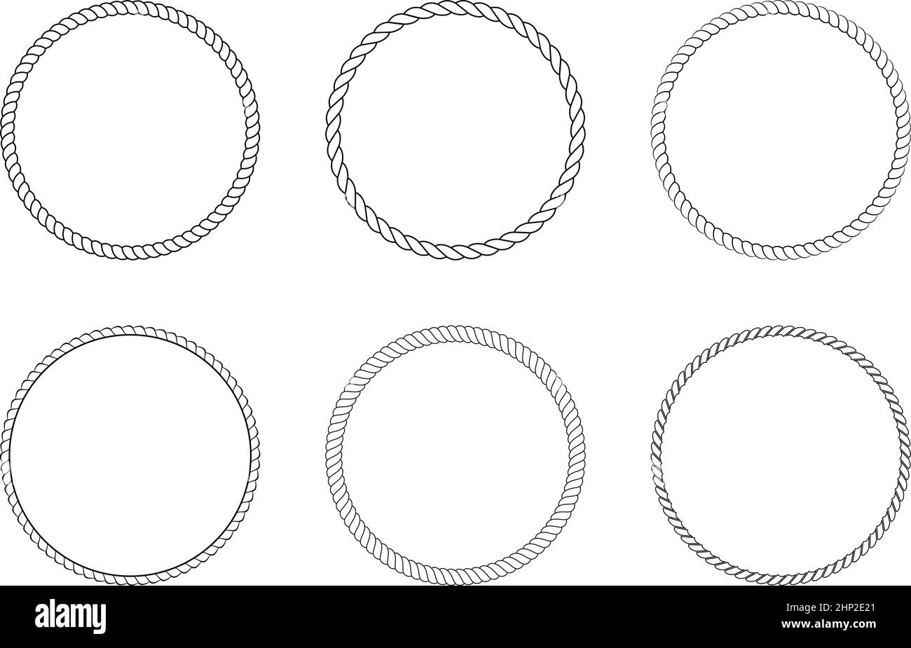 Cord or rope circle set arrangement as vector on an isolated white background. Stock Vector