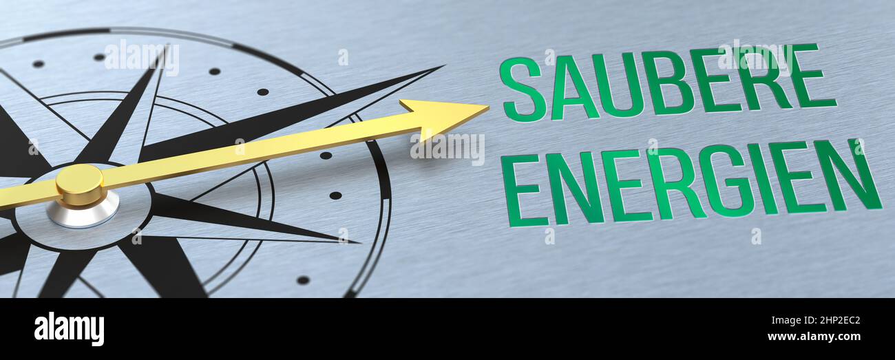 Compass needle pointing to the words Clean Energy in german - Saubere Ernergien - 3d rendering Stock Photo