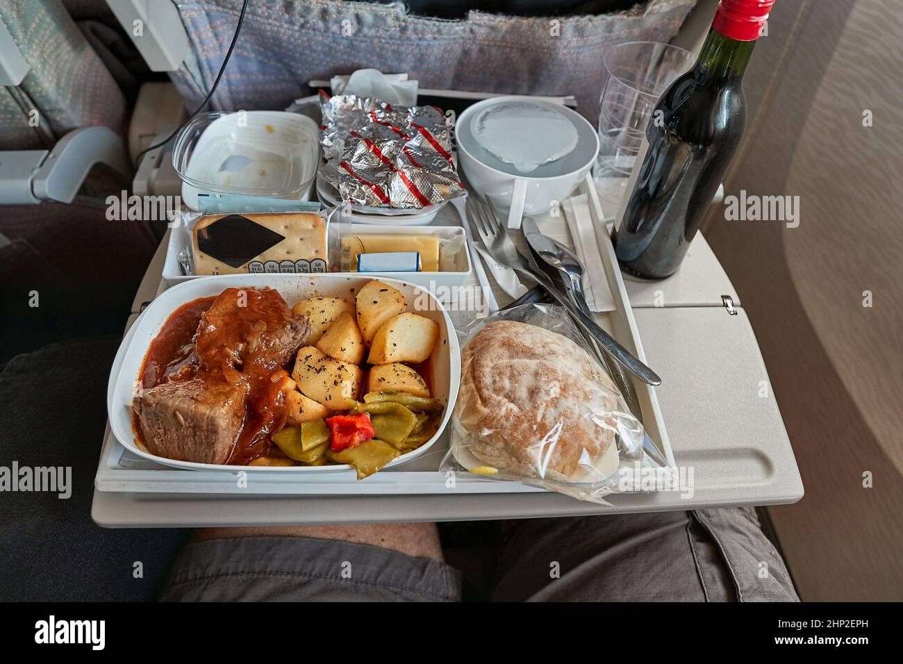 Airplane food provided on a long distance transatlantic flight Stock Photo