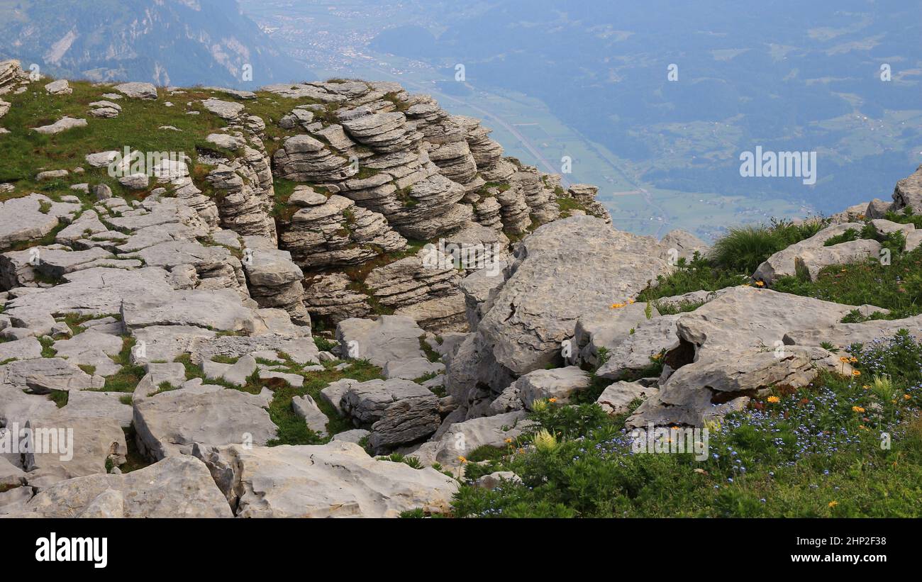 Layered rock on the Chaserrugg, Switzerland. Stock Photo