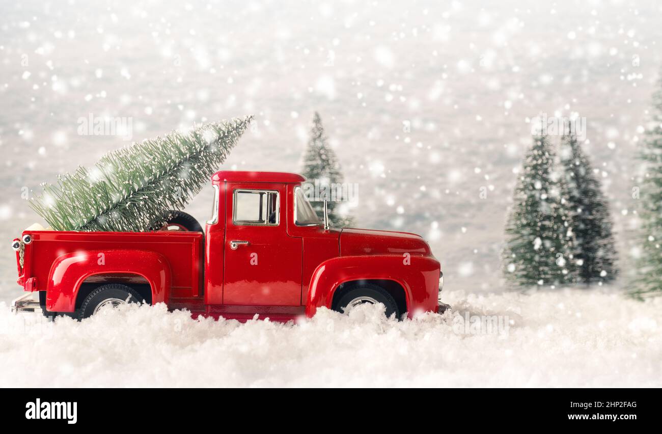Old used red pickup truck with a fir tree on the bed, seasonal concept