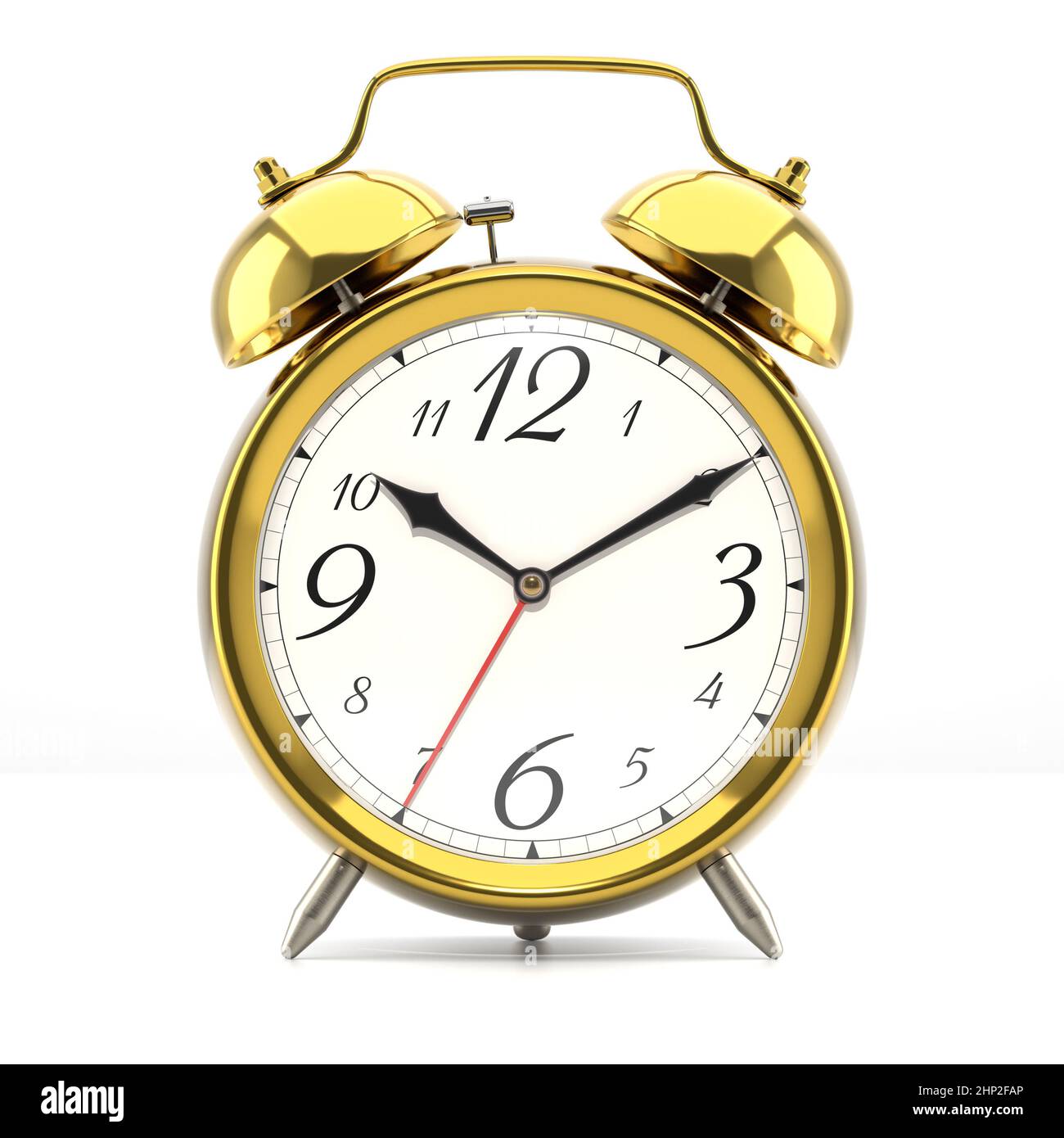 Alarm clock on white background with shadow. Vintage style golden color