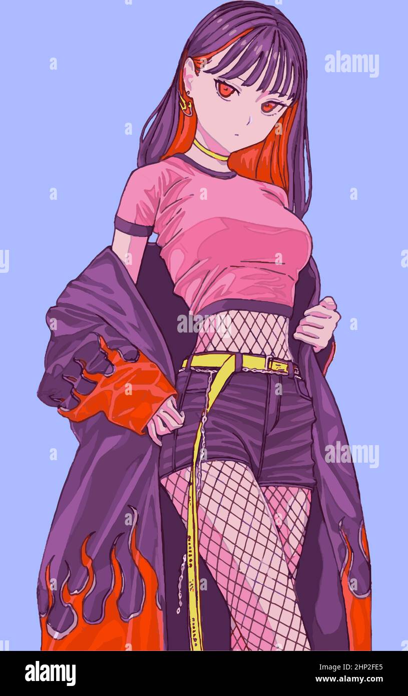 anime girl with purple-red hair and a cloak with a fire print. Stock Vector