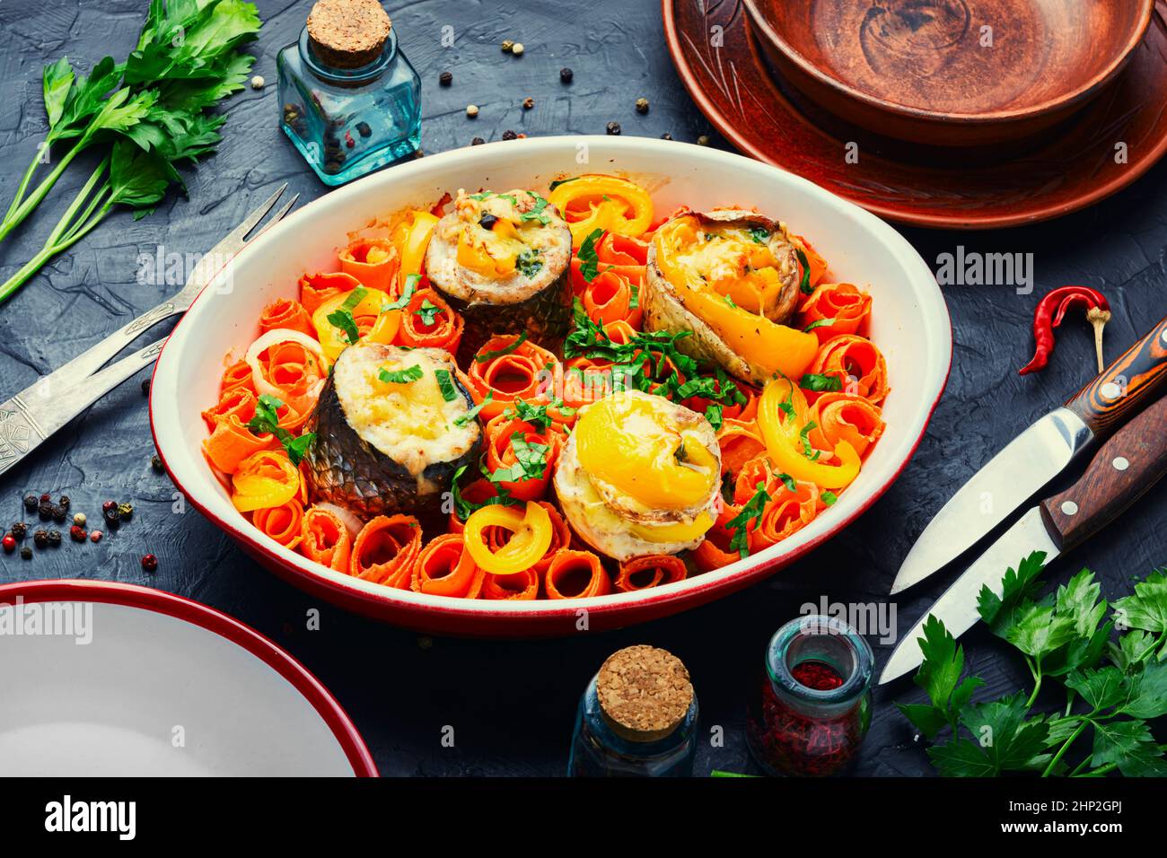Fish rolls from fish mince. Banquet food Stock Photo - Alamy