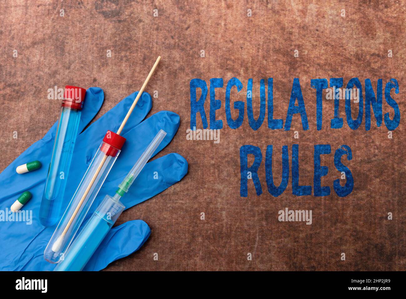 Sign displaying Regulations Rules, Internet Concept Standard Statement Procedure govern to control a conduct Writing Prescription Medicine Laboratory Stock Photo