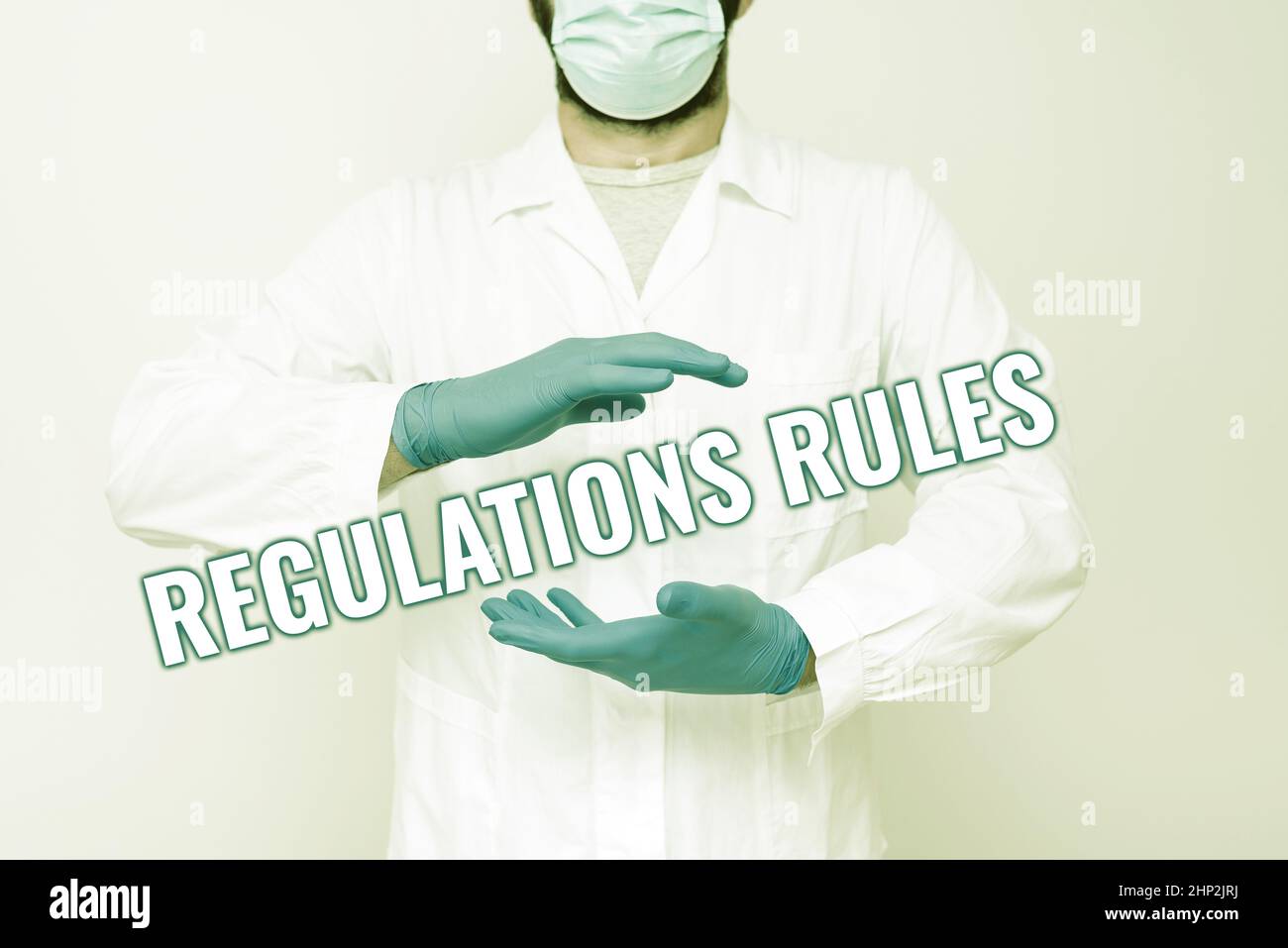 Conceptual display Regulations Rules, Word for Standard Statement Procedure govern to control a conduct Scientist Demonstrating New Technology, Doctor Stock Photo