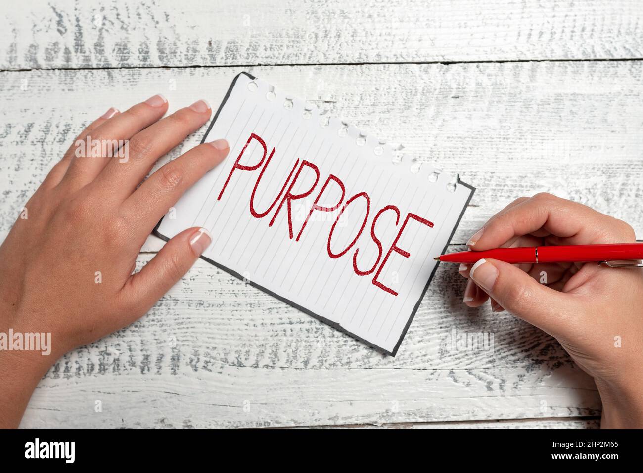 Text caption presenting Purpose, Concept meaning The reason for which something is done or created and exists Brainstorming Problems And Solutions Ask Stock Photo