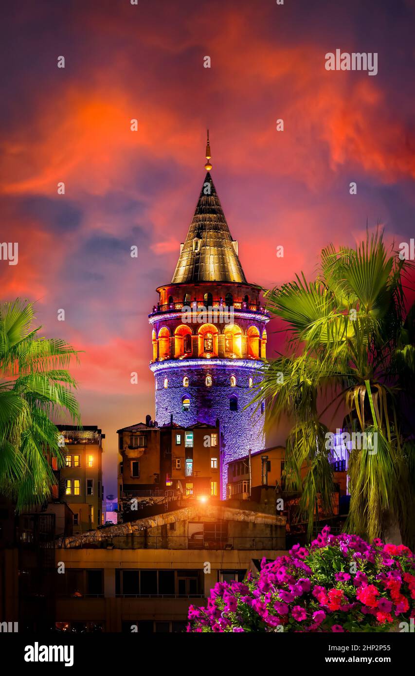 Illuminated Galata Tower in Istanbul at night, Turkey Stock Photo - Alamy