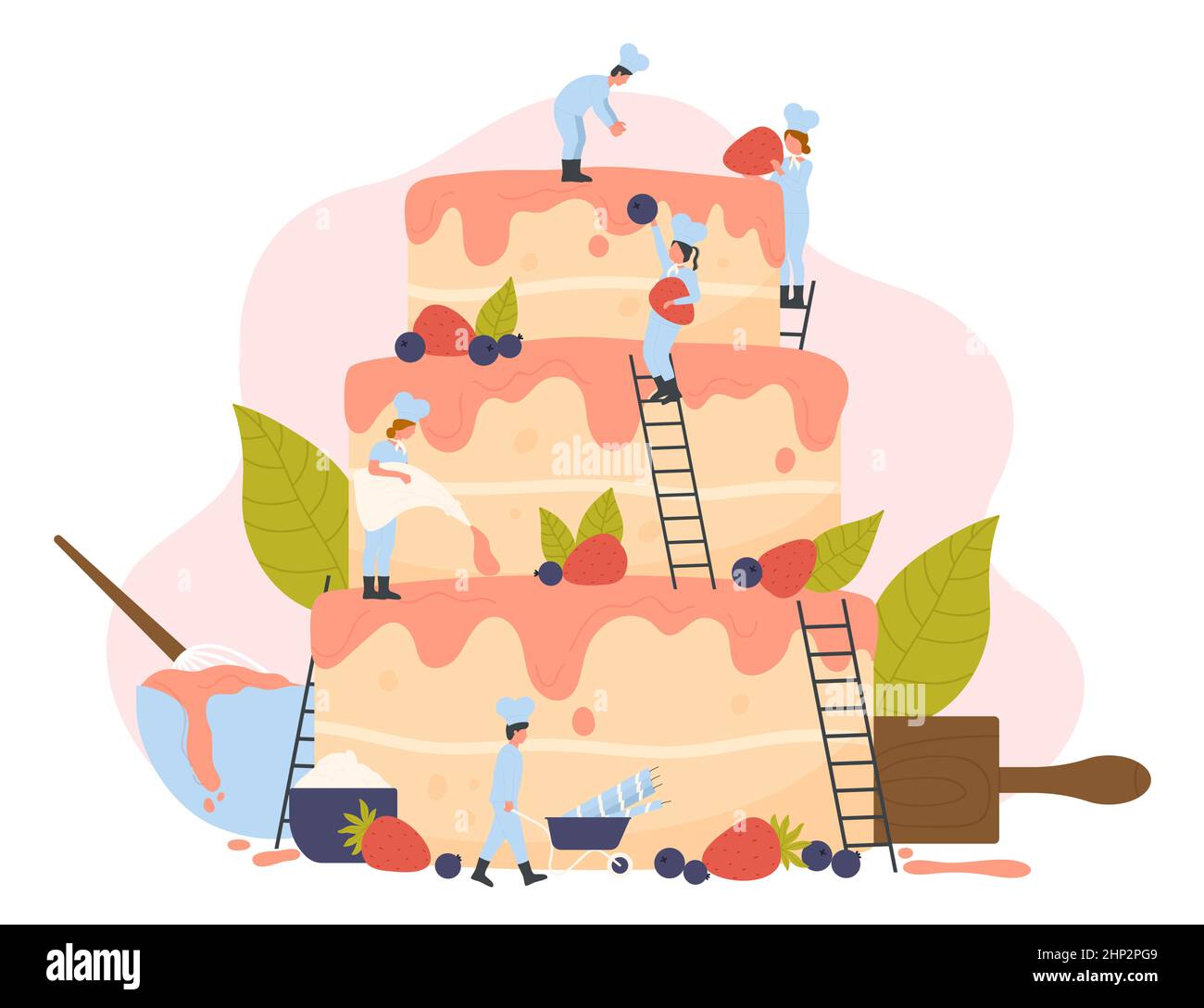 Cooking cake for holiday, birthday party. Team of tiny pastry chefs standing on ladders, making cream decoration, people holding strawberry and candle Stock Vector