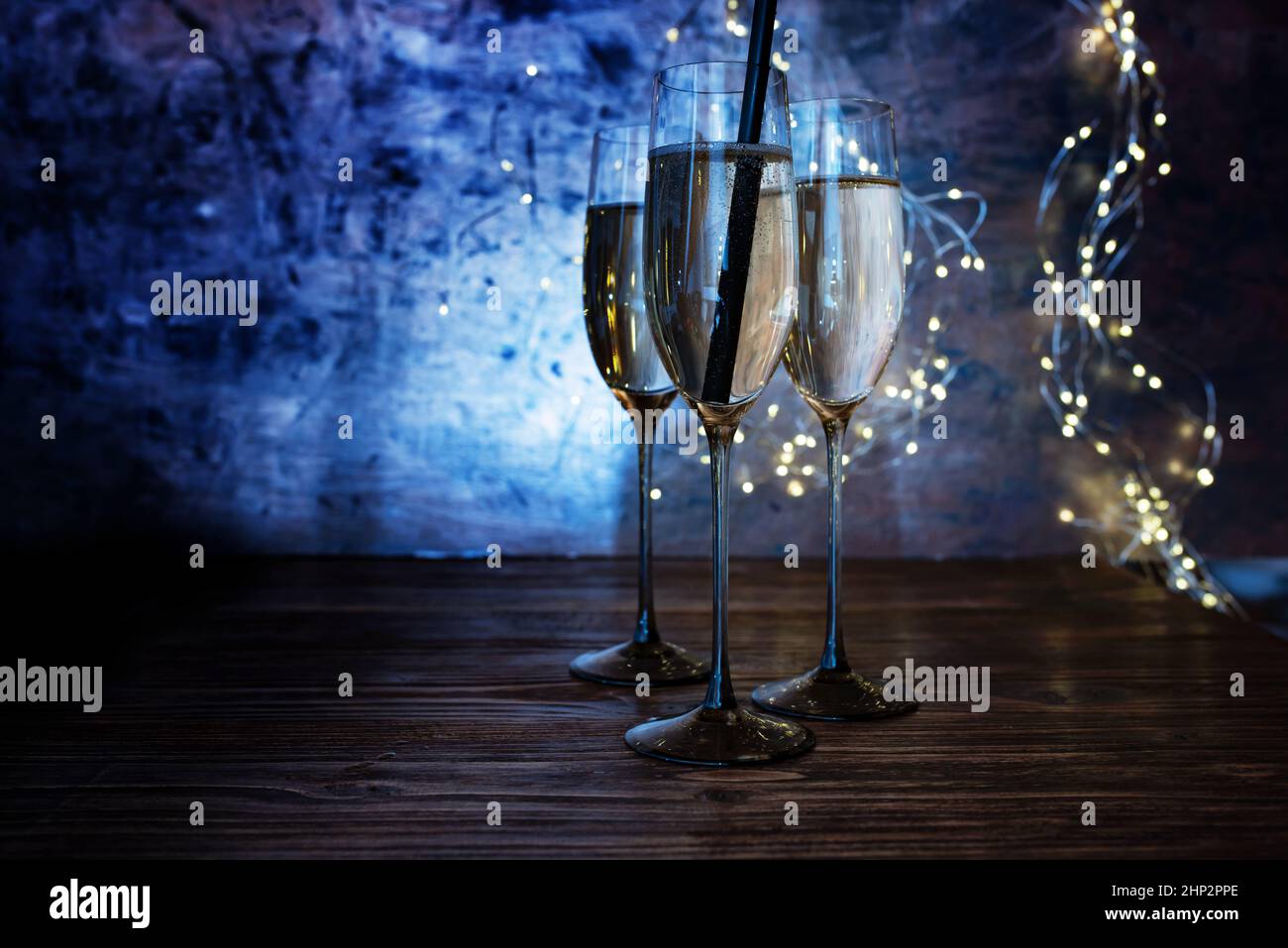 New year celebration with sparkeling champagne. Champagne glasses with