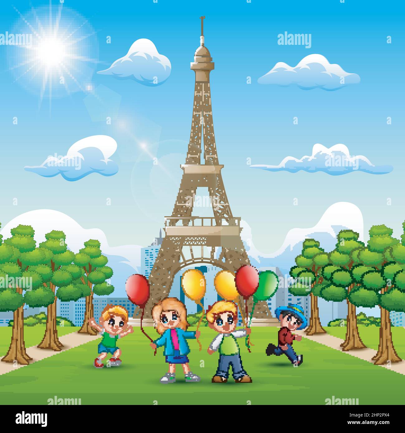 Happy kids bring a balloons in front of eiffel tower Stock Vector