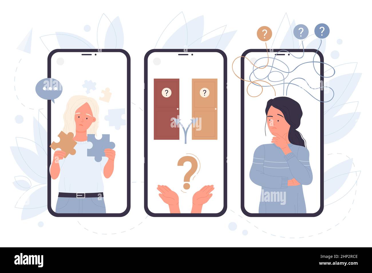 Choice from two door and alternative options, puzzle jigsaw game of  confused people on screens of mobile phones vector illustration. Cartoon  persons w Stock Vector Image & Art - Alamy