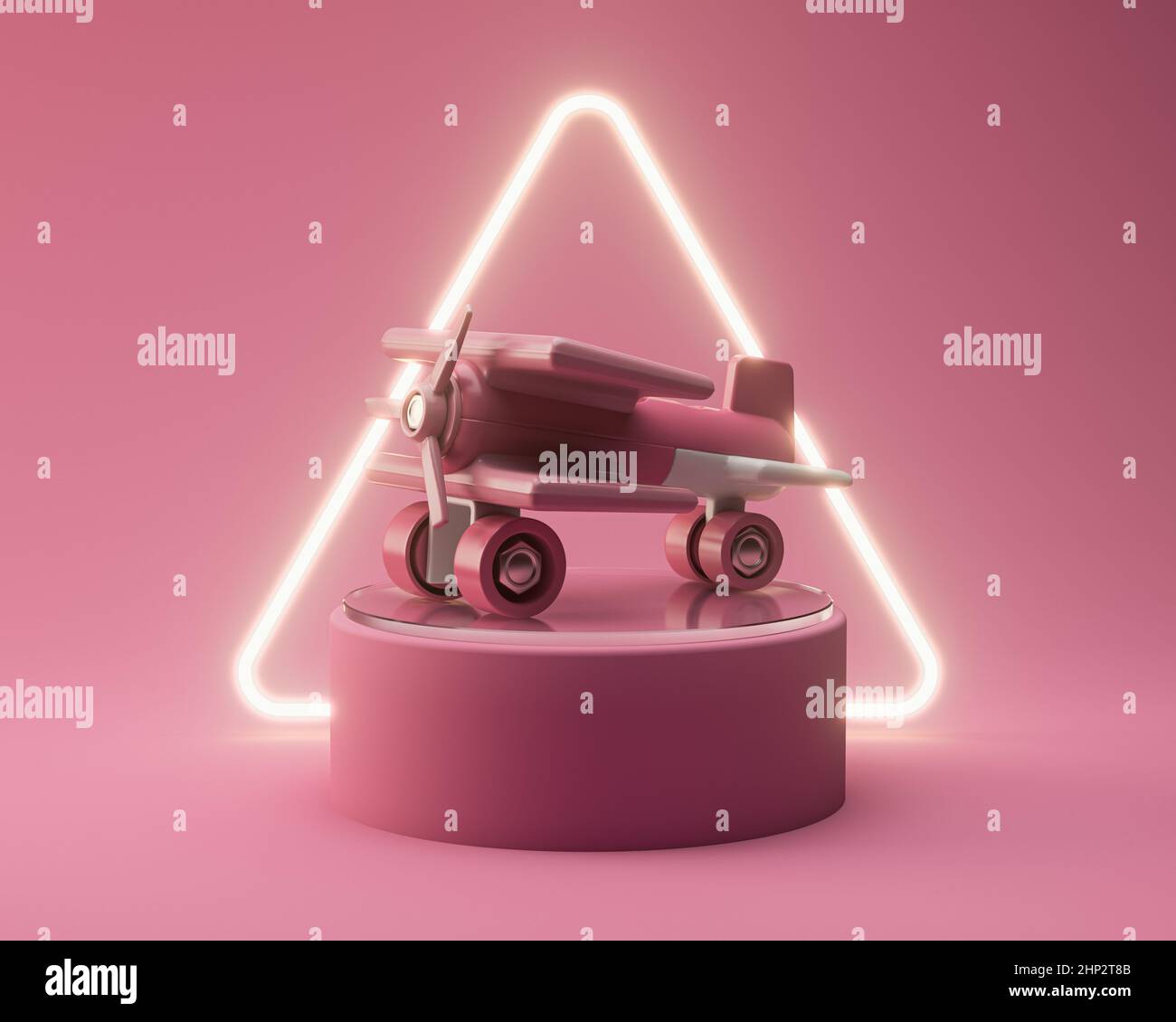 A regular pink plastic toy aeroplane for toddlers on a round pink stage ...
