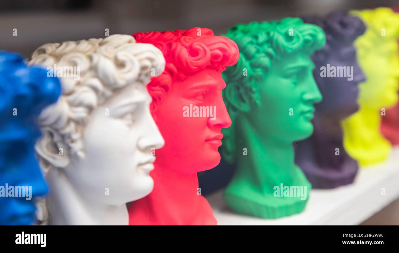 The most common Florence souvenir in Italy - David by Michelangelo. Kitsch souvenir. Stock Photo