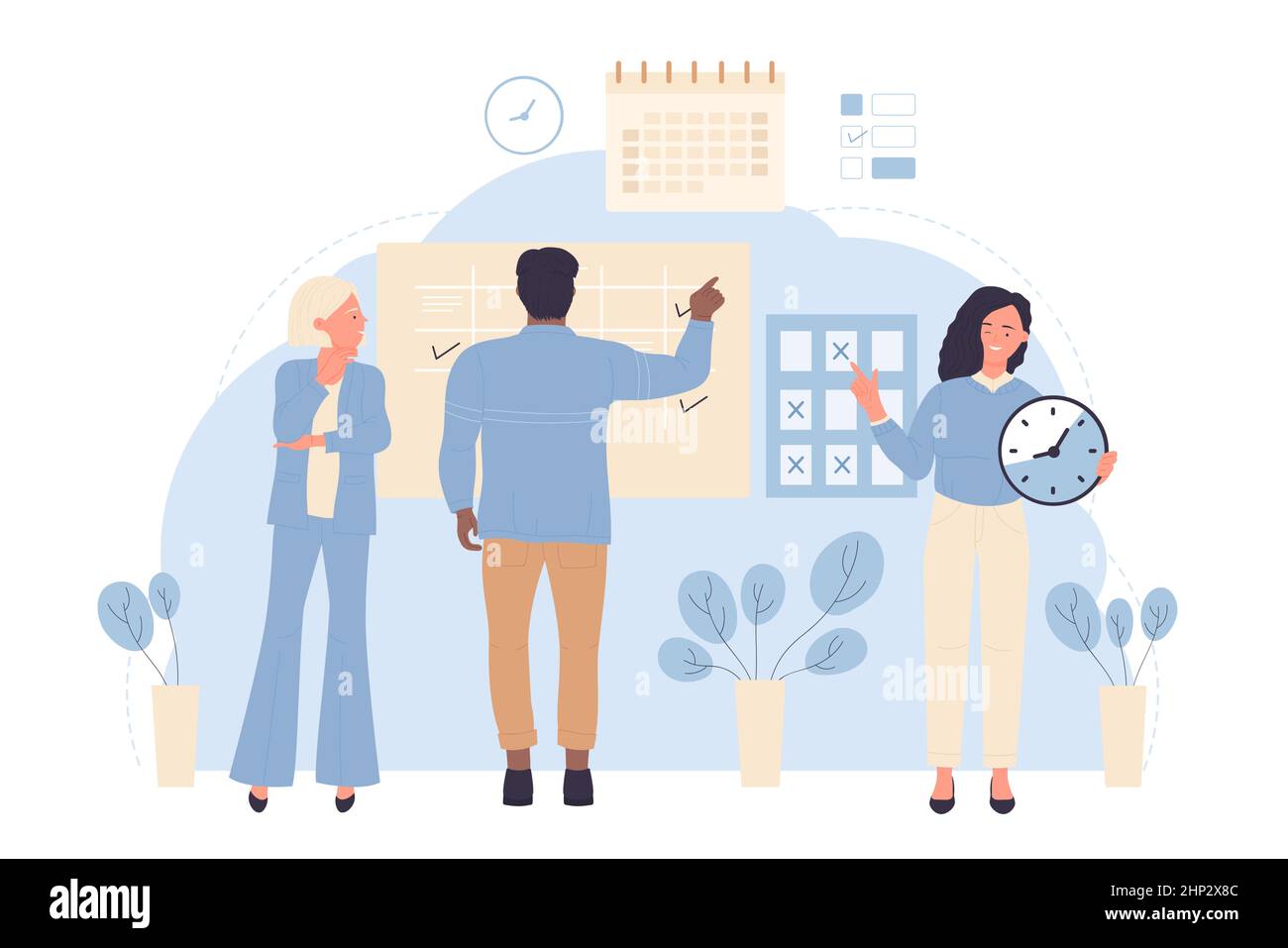 Time management and office planning vector illustration. Cartoon tiny