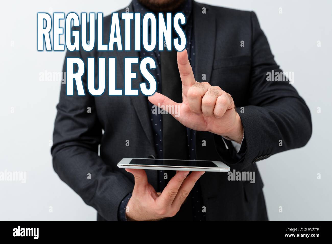 Text showing inspiration Regulations Rules, Business concept Standard Statement Procedure govern to control a conduct Presenting New Technology Ideas Stock Photo