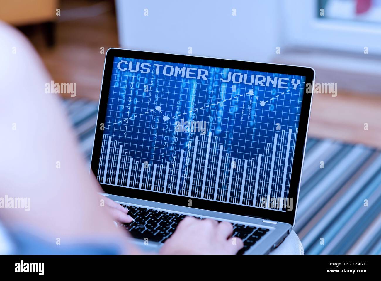 Text sign showing Customer Journey, Business approach product of interaction between organization and customer Woman Sitting With Laptop Back View Act Stock Photo