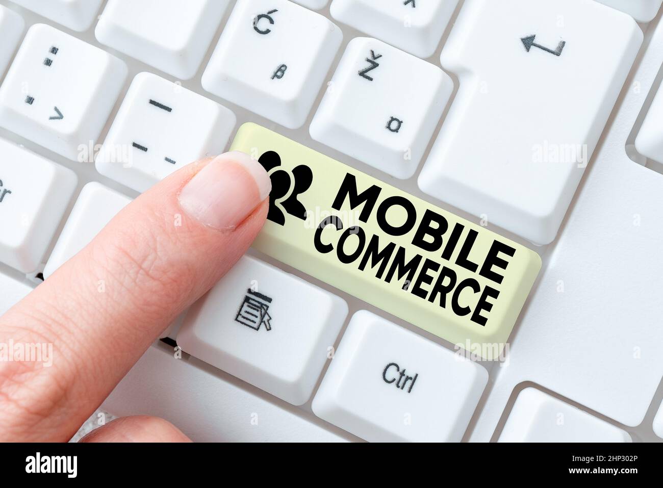 Sign displaying Mobile Commerce, Business idea Using mobile phone to conduct commercial transactions online Transcribing Internet Meeting Audio Record Stock Photo