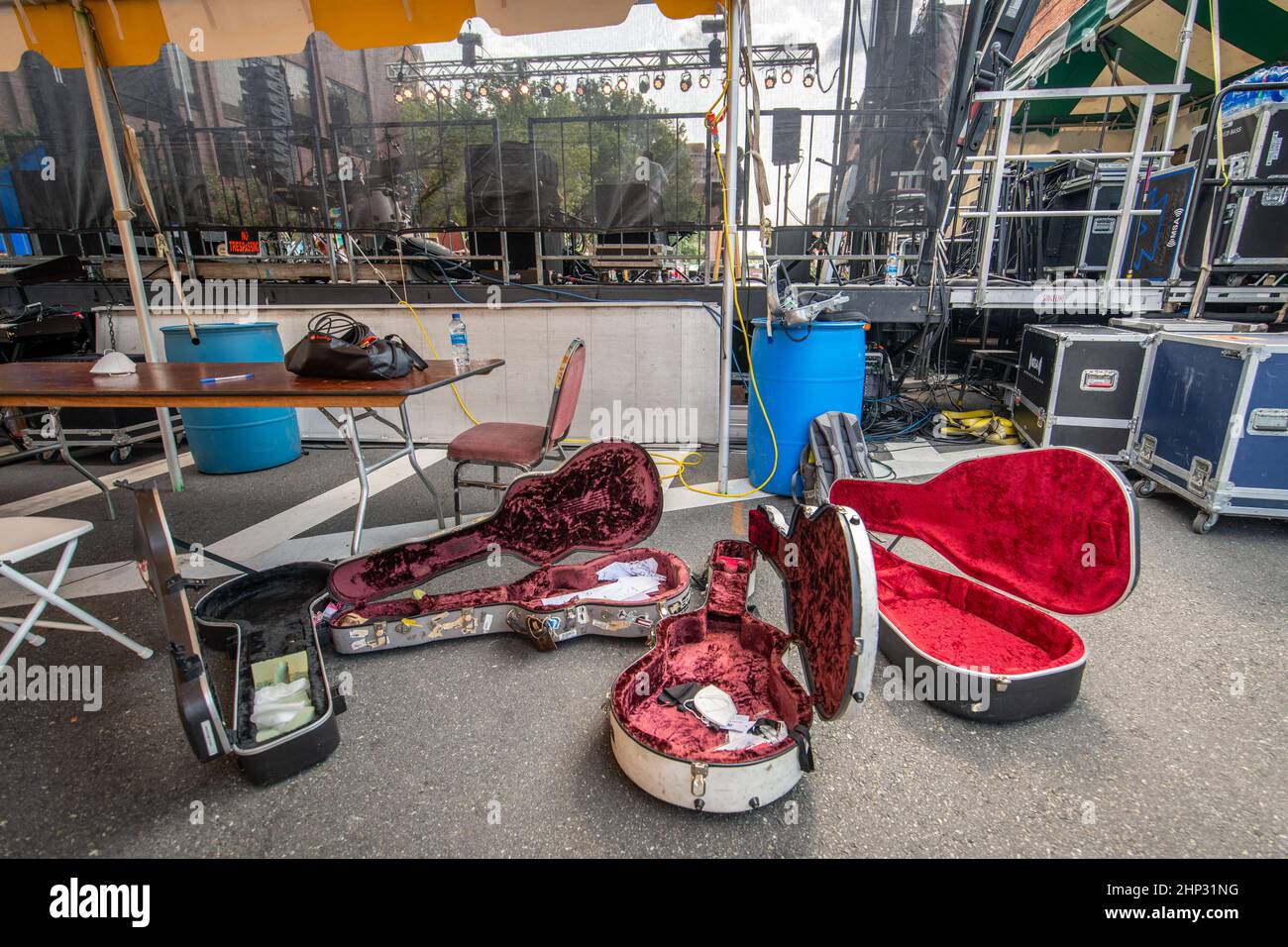 Open instrument cases from backstage of the Irish American All-Stars performance in Salisbury Maryland at the 2021 National Folk Festival Stock Photo