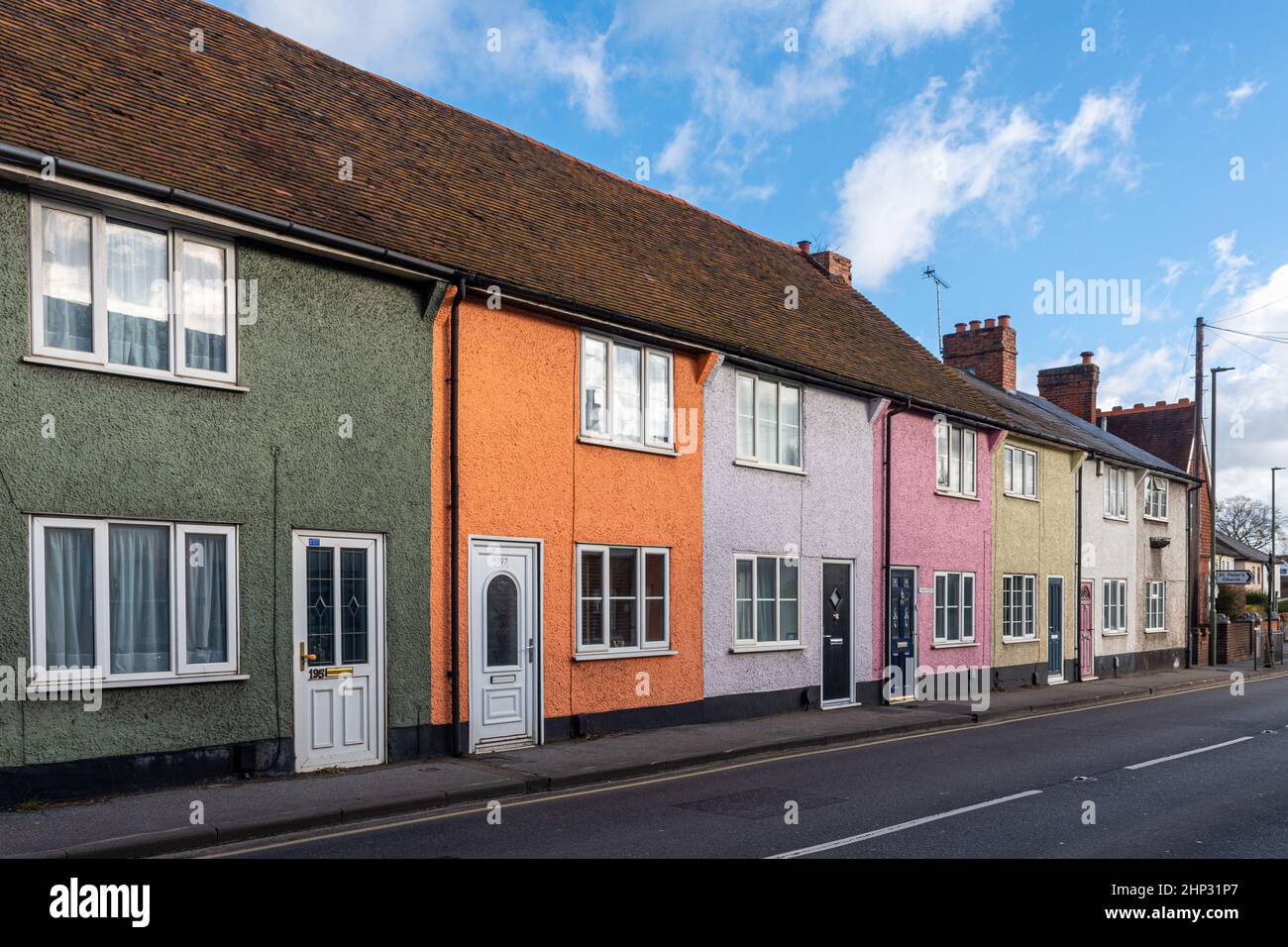 Old Woking village, colourful painted terraced houses on High Street