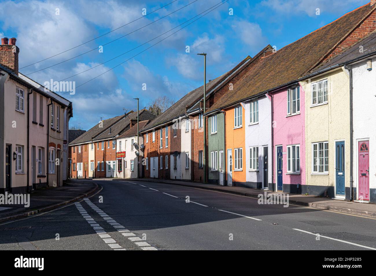 Old Woking village, colourful painted terraced houses on High Street