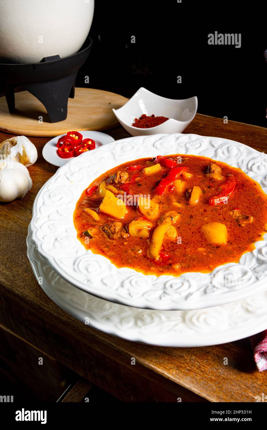Delicious Hungarian-style goulash soup Stock Photo