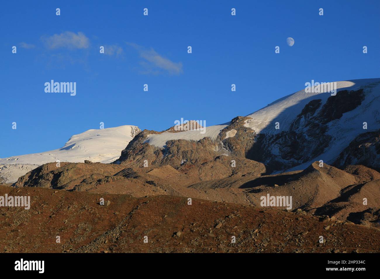 View from Fluhalp, Zermatt. Morraines and glacier. Stock Photo
