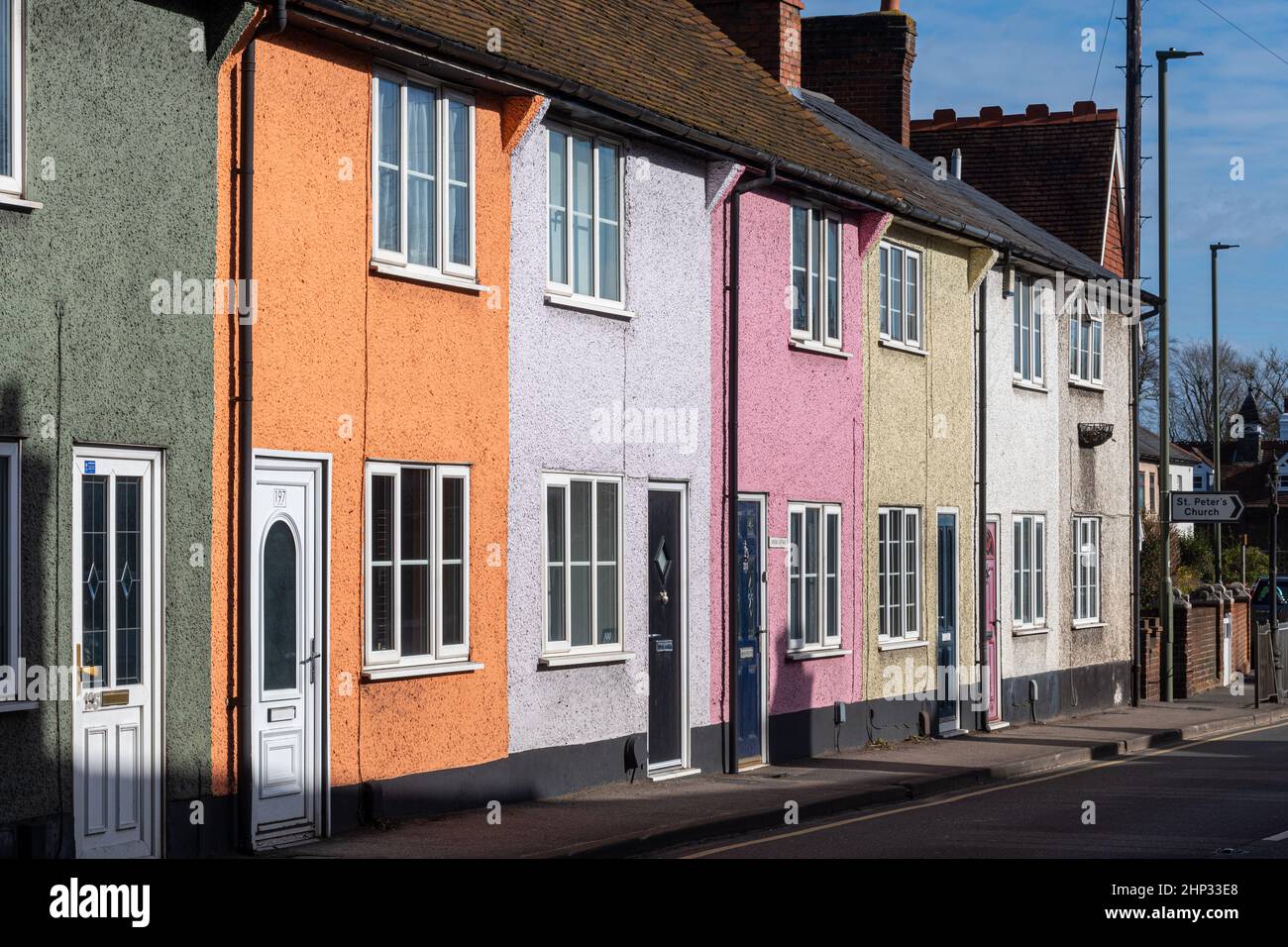 Old Woking village, colourful painted terraced houses on High Street