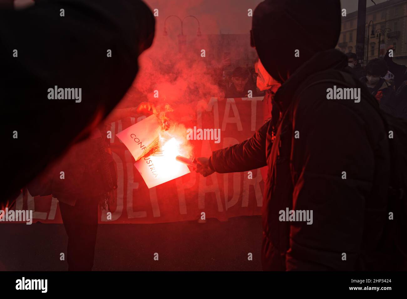 Turin, Italy. 18th Feb, 2022. After the deaths of Lorenzo Parelli and Giuseppe Lenoci, students protest against the unpaid work experience, the insecurity of school buildings and the precariousness in professional training. Credit: MLBARIONA/Alamy Live News Stock Photo