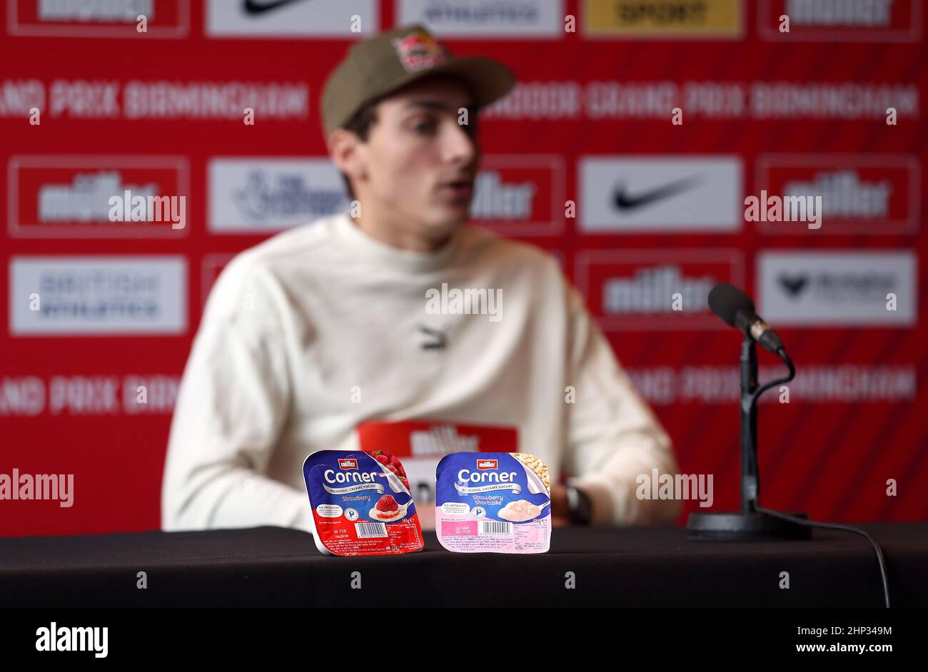 Muller Corner yoghurt product placement in front of Armand Duplantis during a press conference ahead of the Muller Indoor Grand Prix at the Utilita Arena, Birmingham. Picture date: Friday February 18, 2022. Stock Photo