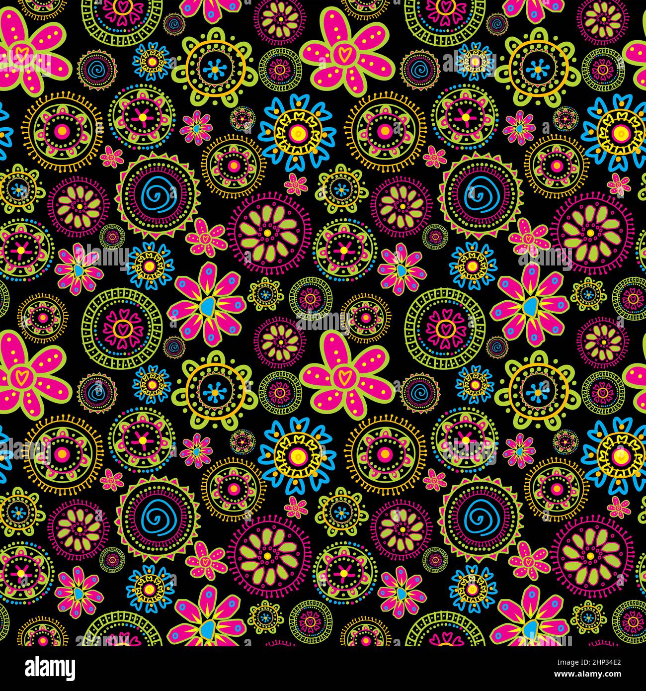 Floral seamless pattern with stylized flowers over black background ...