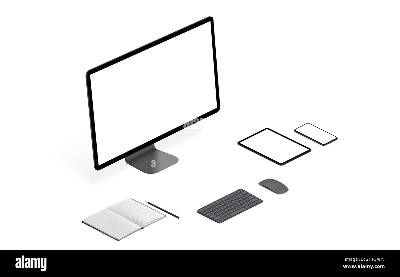 Responsive devices mockup on white desk isolated. Mockups isometric perspective Stock Photo