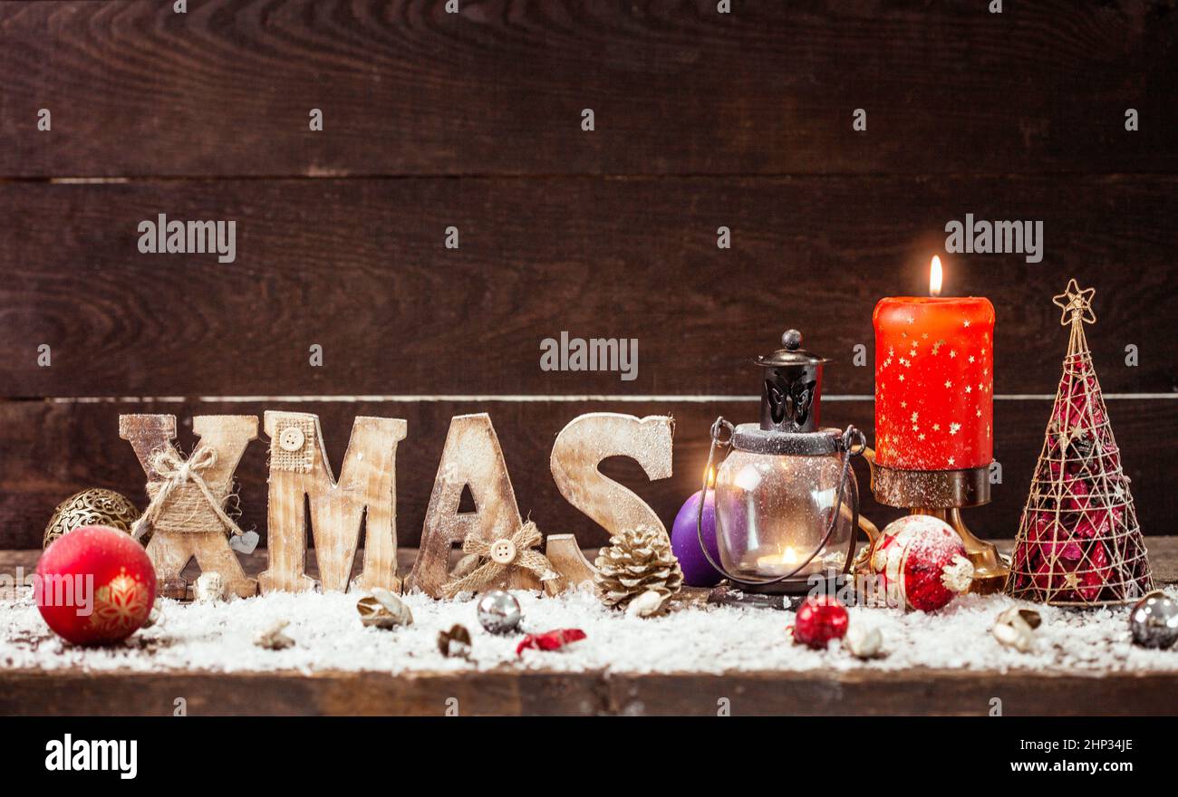Christmas lantern scene. Merry Christmas greeting card. Stock Photo