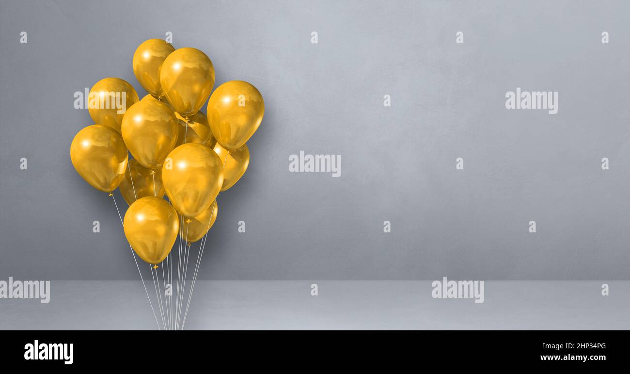 Yellow balloons bunch on a grey wall background. Horizontal banner. 3D ...