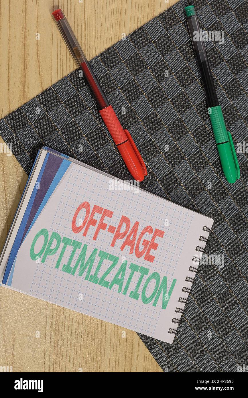 Handwriting text Off Page Optimization, Word Written on Website External Process Promotional Method Ranking Multiple Assorted Collection Office Statio Stock Photo