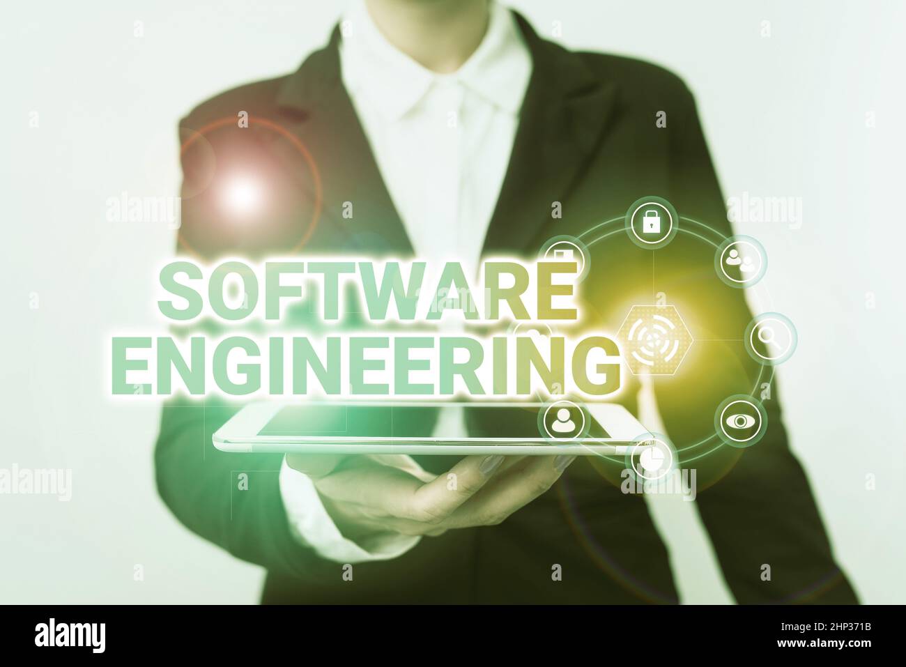 Inspiration showing sign Software Engineering, Business overview Program Development in Systematic Quantifiable approach Woman In Suit Standing Using Stock Photo