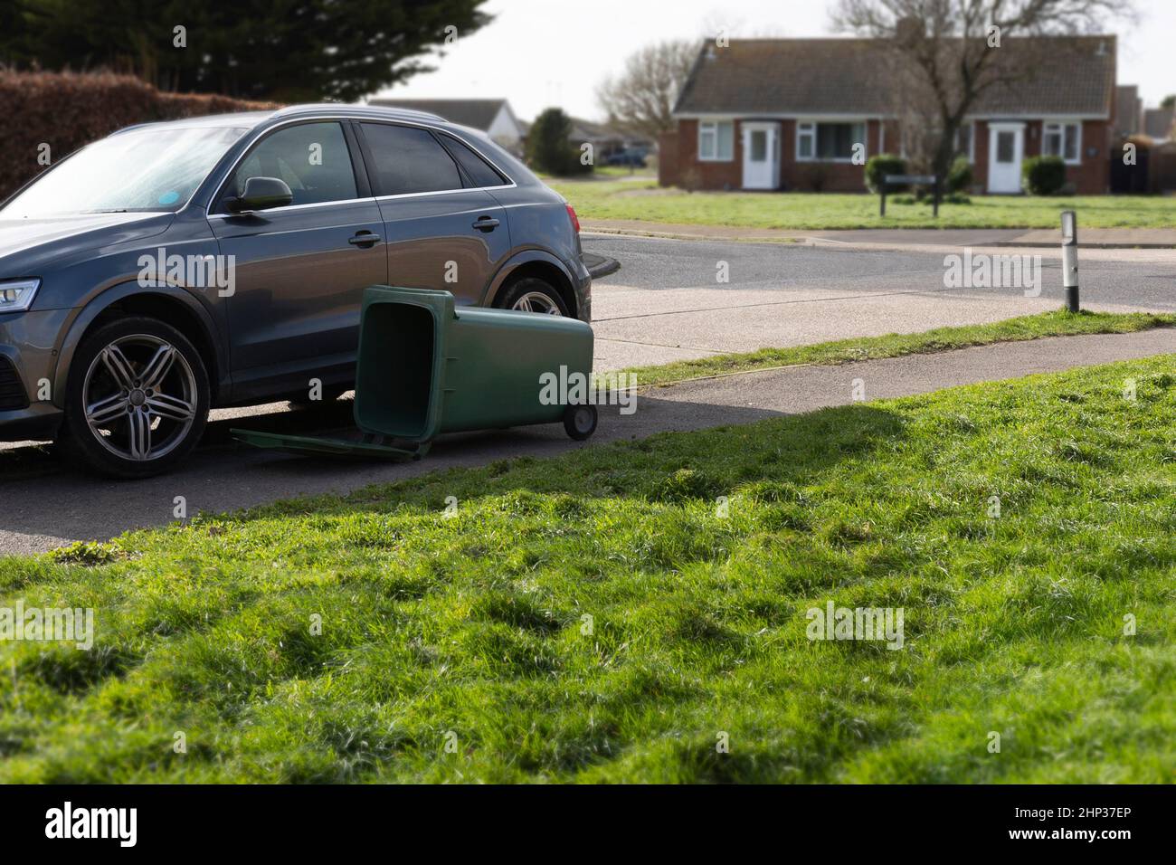 wheely bin blew over caused by Storm Eunice in February 2022 in the South of England Stock Photo
