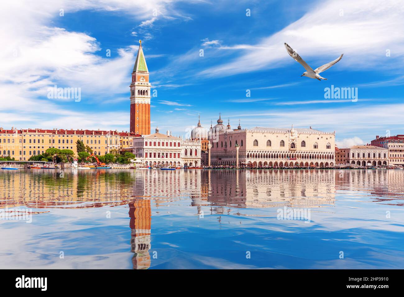 San Marco and Doge's Palace at sunny day, view from the lagoon of Venice, Italy. Stock Photo
