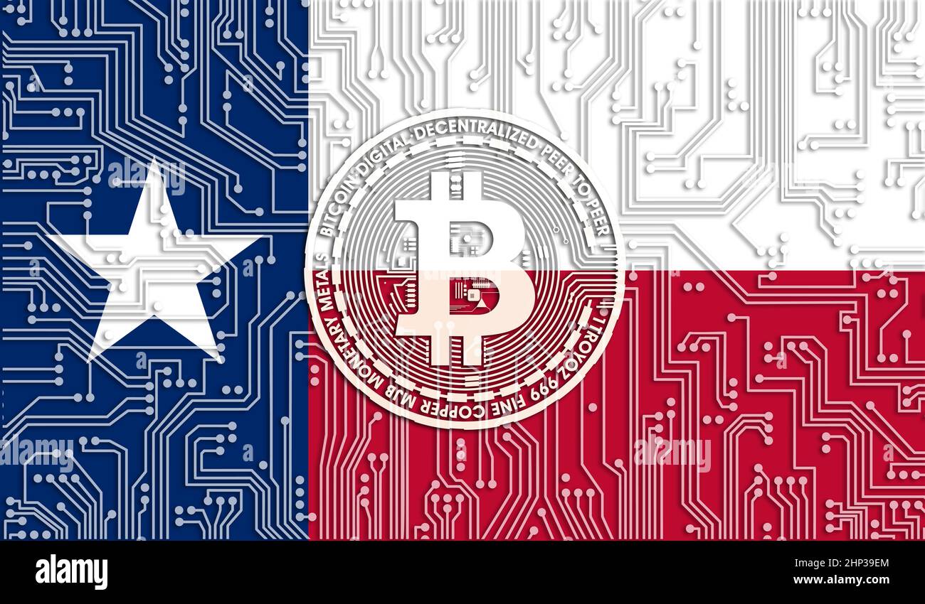 flag of Texas state of USA and bitcoin, Integrated Circuit Board pattern.  Bitcoin Stock Growth. Blockchain Technology and Conceptual image for  investo Stock Photo - Alamy