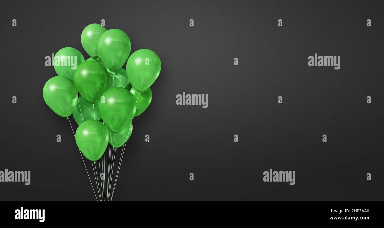 Green balloons bunch on a black wall background. Horizontal banner. 3D ...