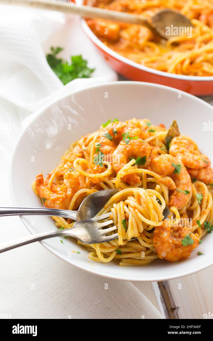 Italian shrimp and tomato sauce pasta Stock Photo - Alamy