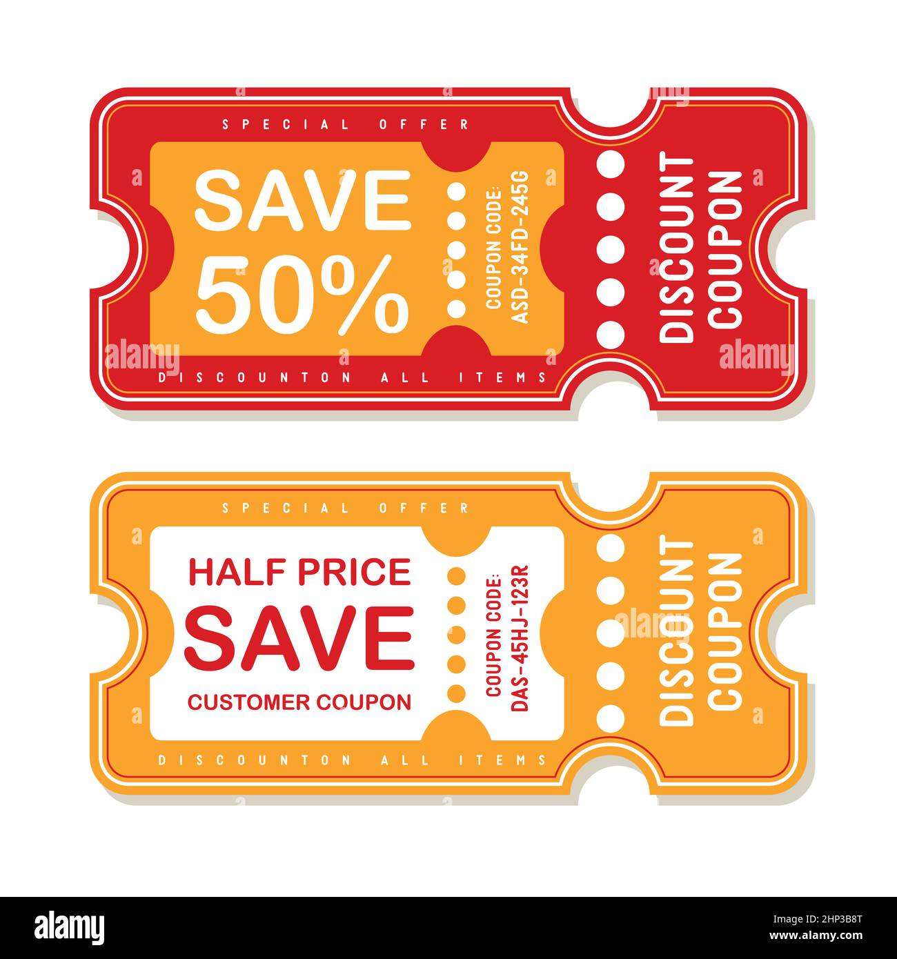 Discount coupon. Half price offer, promo code gift voucher and coupons template. Stock Vector