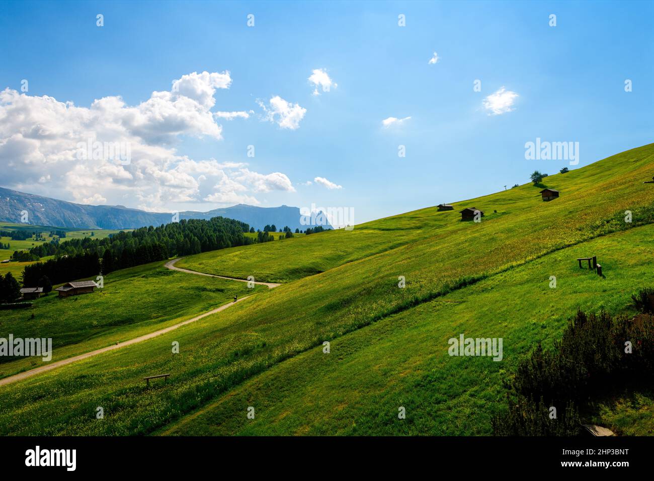 A small alpine hut on a gently sloping green meadow with a bright blue sky and a few fleecy clouds. Stock Photo